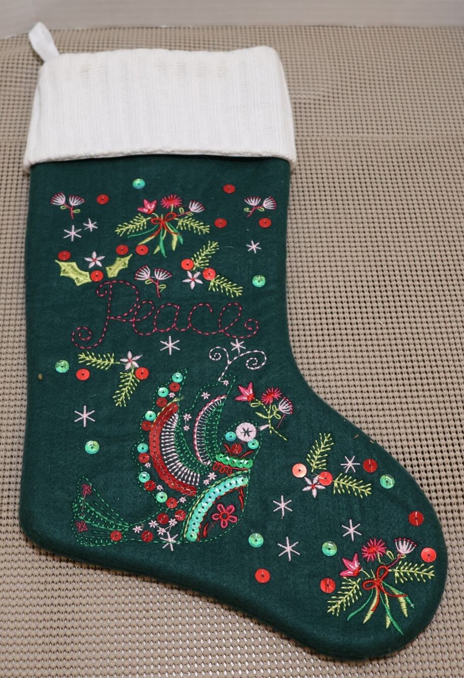 Prima Creations Christmas Stocking Felt Appliqué Green Sequins Peace Bird